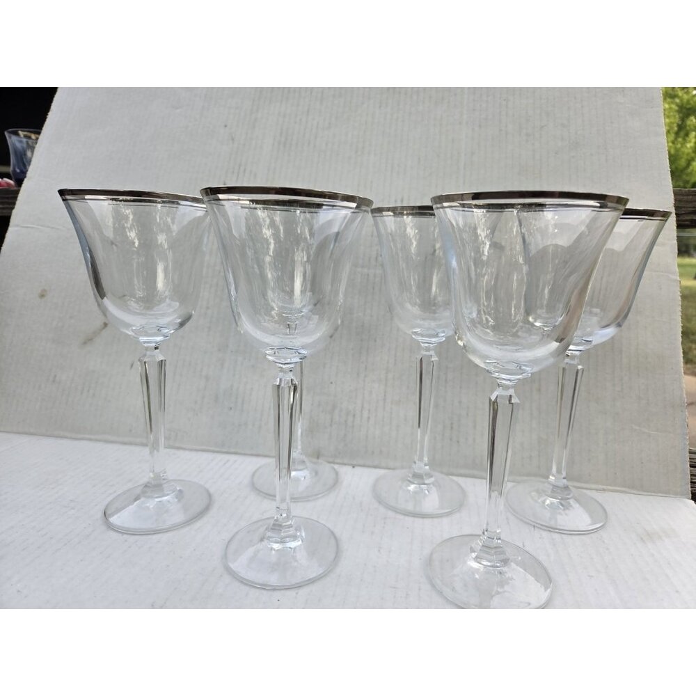 Set 6 Mikasa Briarcliffe Water Goblet Glasses 8 3/8" Blown Glass Dbl Silver Strp